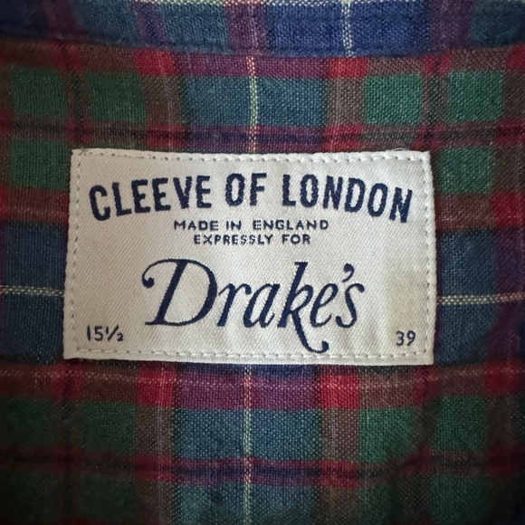 $345 - Men's Drake's of London Linen Plaid Shirt - M - 15.5/39 - Blue Green Red - Picture 2 of 6
